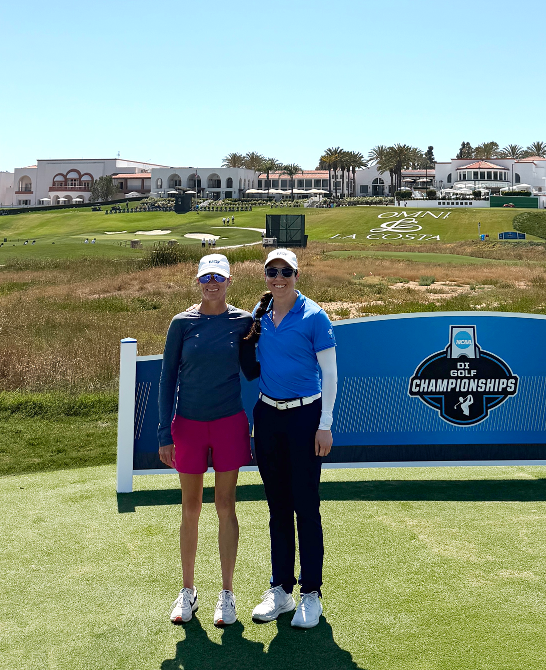 A WGF staff member and a player at the NCAA DI Golf Championships